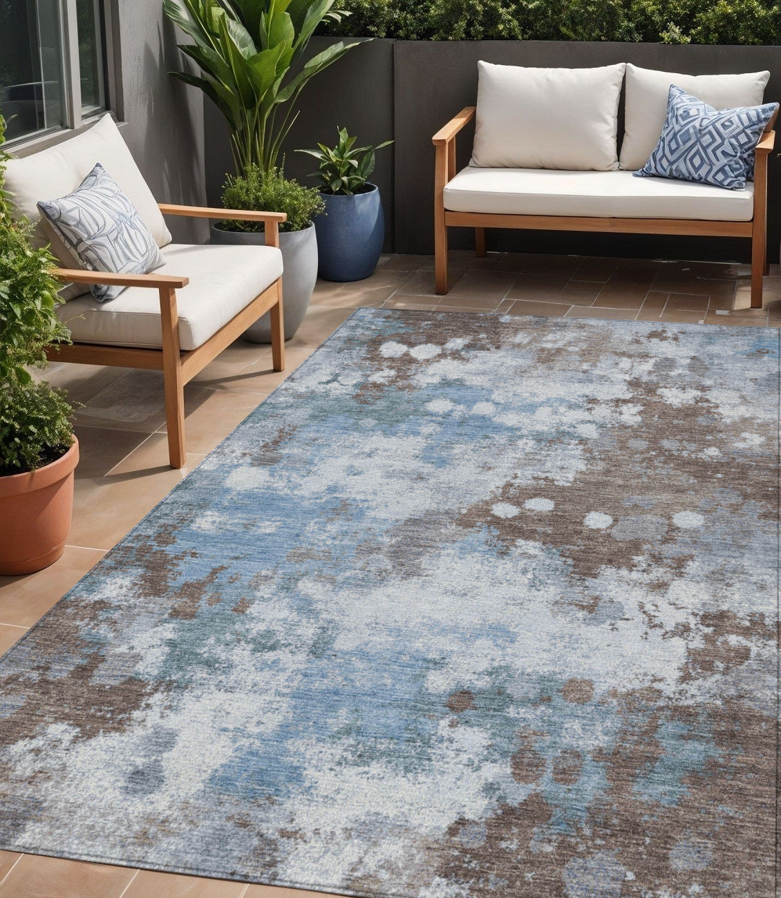 5' X 8' Brown And Sky Blue Abstract Washable Indoor Outdoor Area Rug