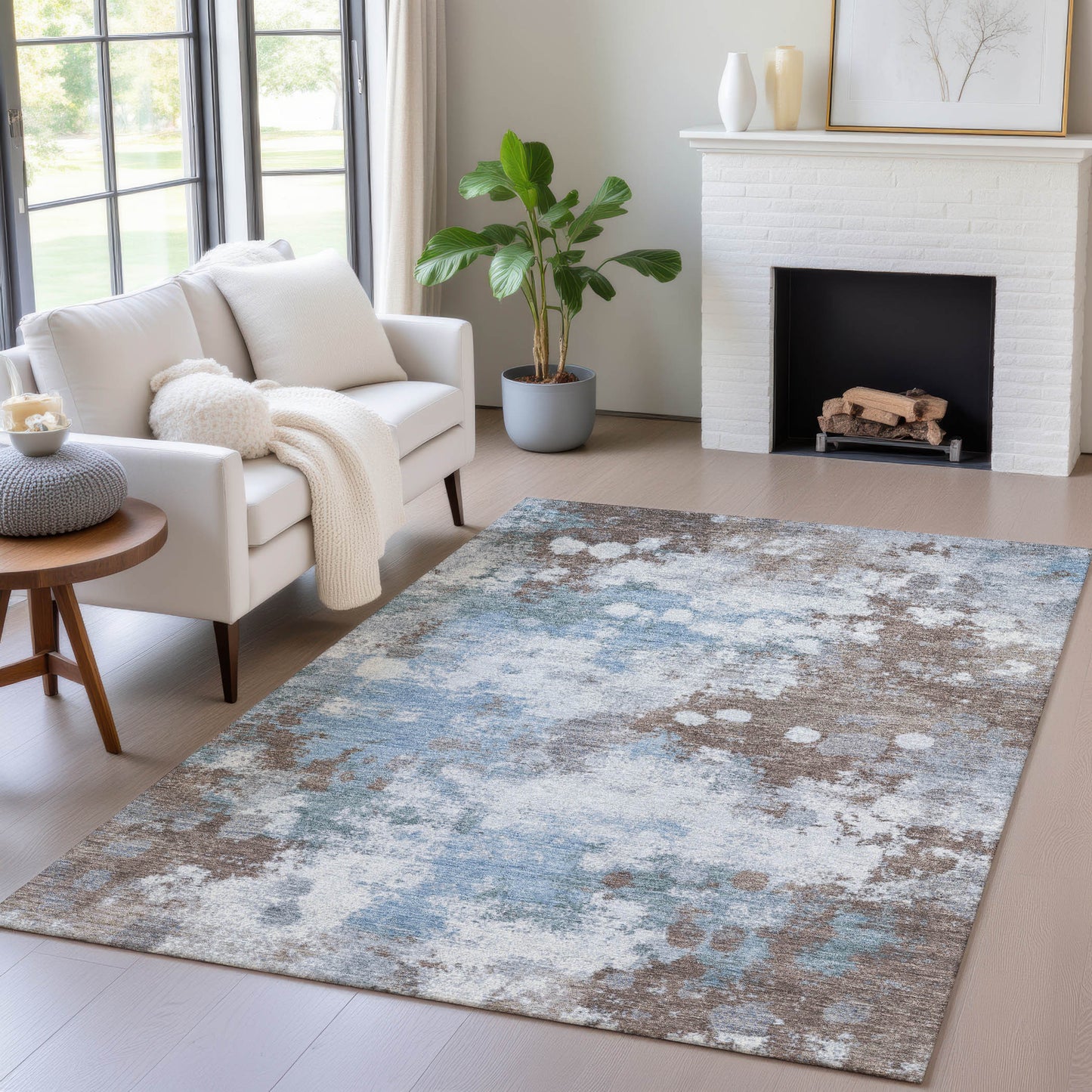 5' X 8' Brown And Sky Blue Abstract Washable Indoor Outdoor Area Rug