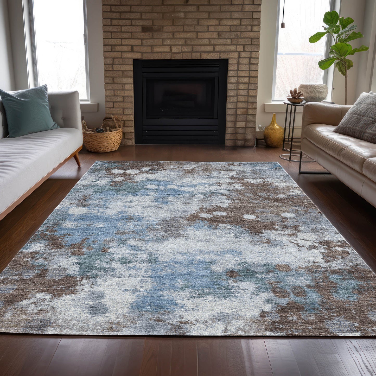 5' X 8' Brown And Sky Blue Abstract Washable Indoor Outdoor Area Rug