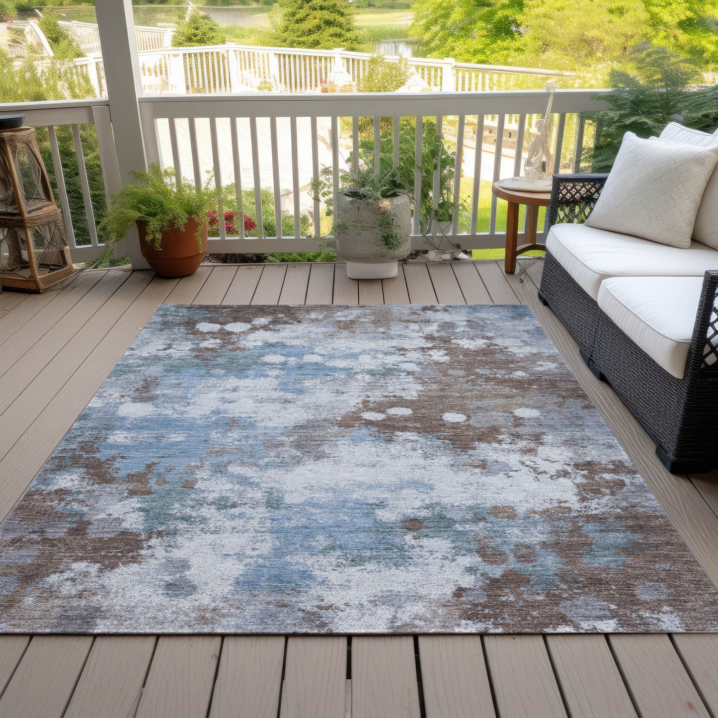 5' X 8' Brown And Sky Blue Abstract Washable Indoor Outdoor Area Rug