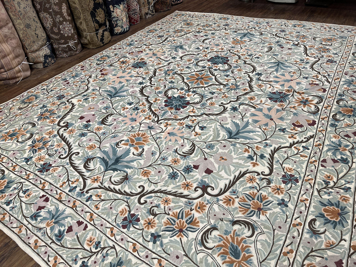Chain Stitched Rug 9x12 Vintage Carpet 9 x 12 Flatweave Rug, Ivory Teal Rug, Area Rug 9 by 12, Hand Stitched Rug, Medallion, Indian Rug