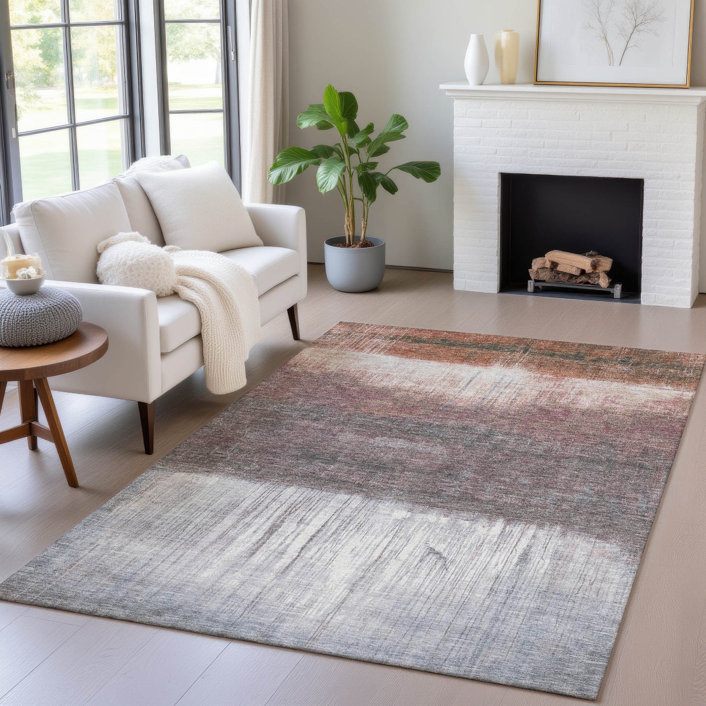 8' X 10' Rust And Ivory Abstract Washable Indoor Outdoor Area Rug