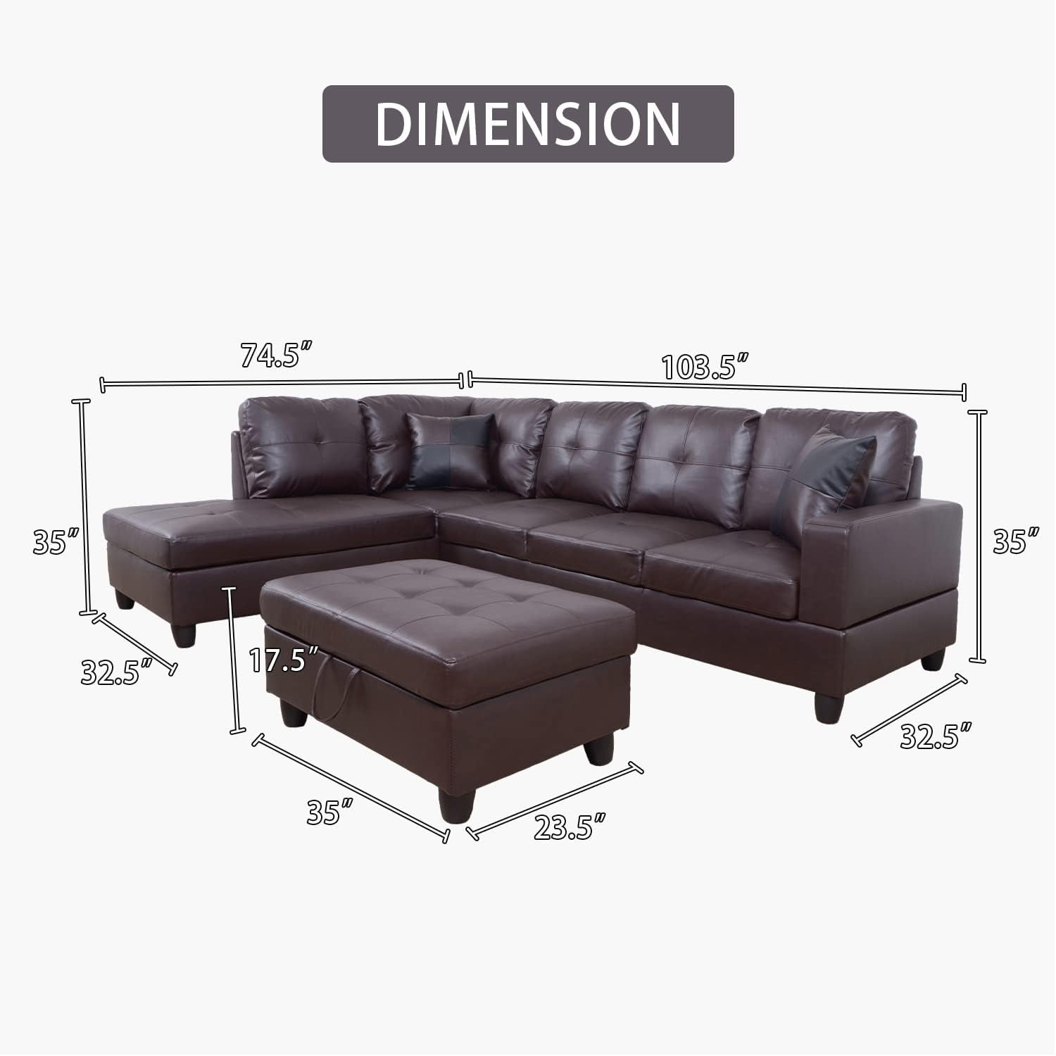 Ponliving Furniture Modern L-Shaped Leather Sectional Sofa Left Hand Facing (Brown)-1