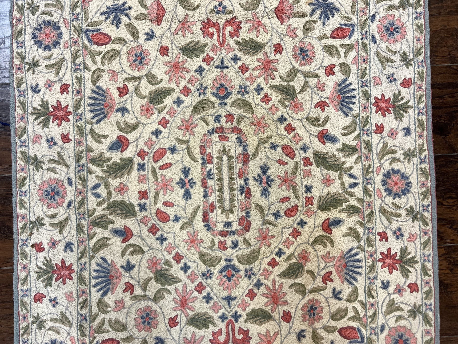 Hand Stitched Indian Rug 4x5, Floral, Vintage Hand Embroidered Rug-3