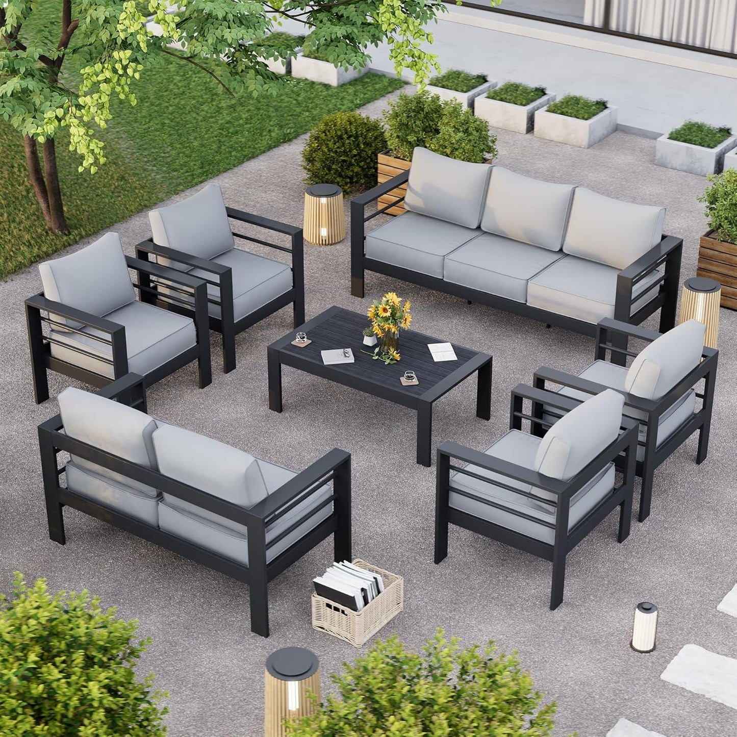 Aluminum Patio Furniture Set, 10 Piece Metal Outdoor Furniture Set, Patio Furniture Set with Waterproof Covers for Backyard Garden（Dark Grey&Light Grey）