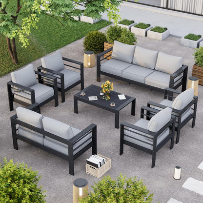 Aluminum Patio Furniture Set, 10 Piece Metal Outdoor Furniture Set, Patio Furniture Set with Waterproof Covers for Backyard Garden（Dark Grey&Light Grey）