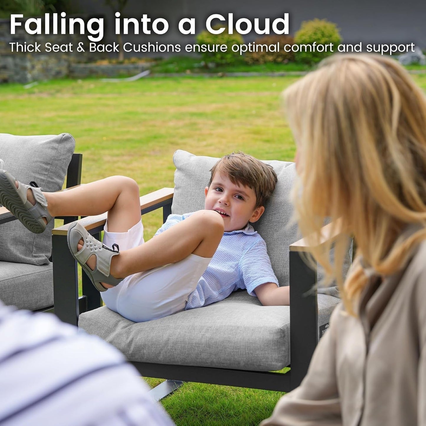 Aluminum Patio Furniture Set, 4 Piece Modern Outdoor Furniture with 6 Inch Cushion, Metal Patio Sectional Conversation Sets for Deck, Backyard, Porch (Grey)