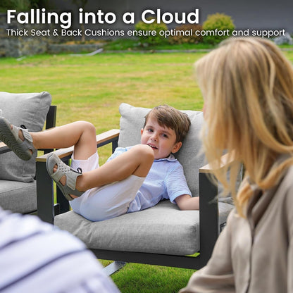 Aluminum Patio Furniture Set, 4 Piece Modern Outdoor Furniture with 6 Inch Cushion, Metal Patio Sectional Conversation Sets for Deck, Backyard, Porch (Grey)