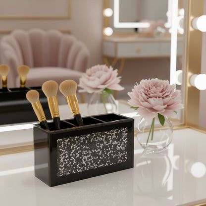 7" Black And Silver Glass Three Section Jewelry Organizer With Faux Crystals