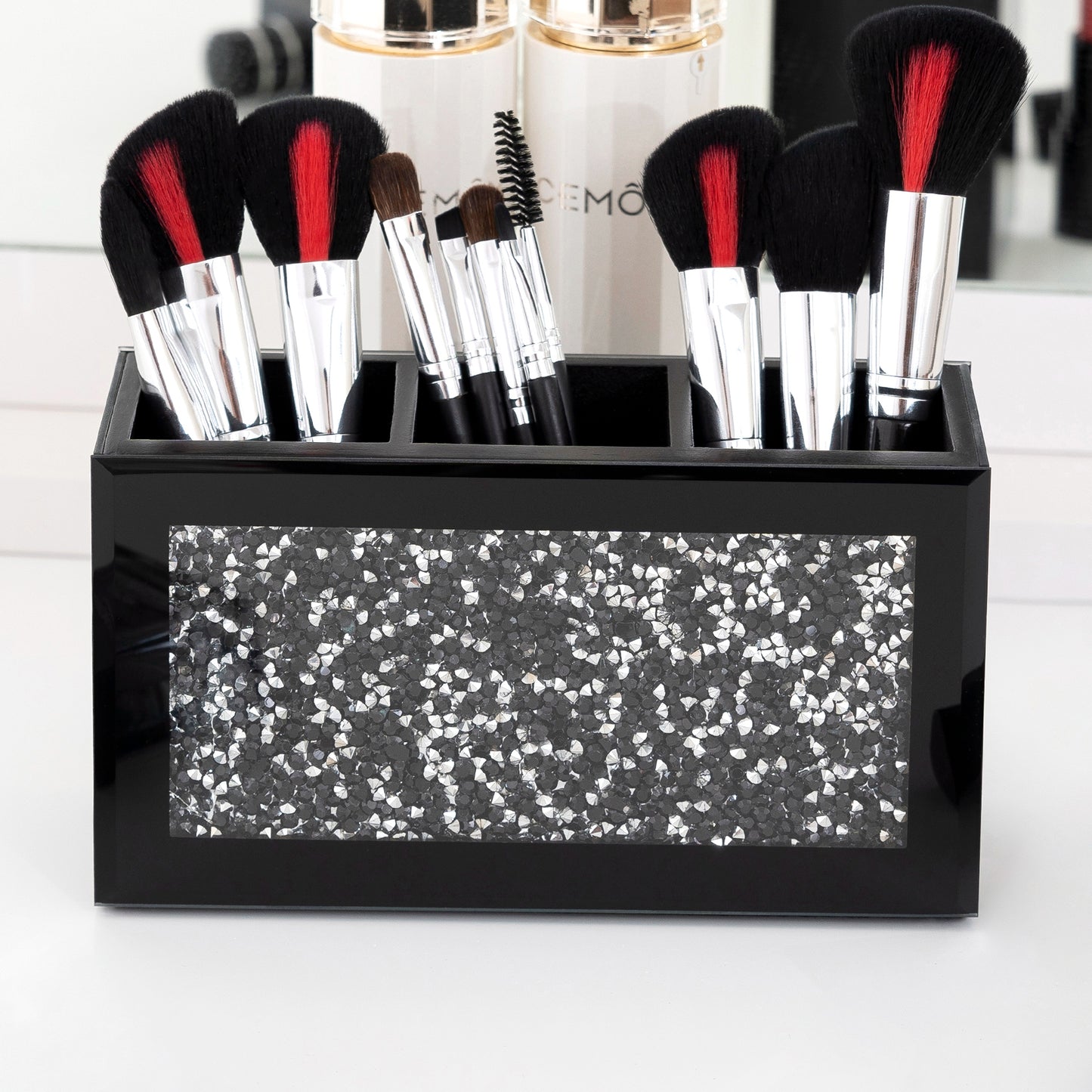 7" Black And Silver Glass Three Section Jewelry Organizer With Faux Crystals