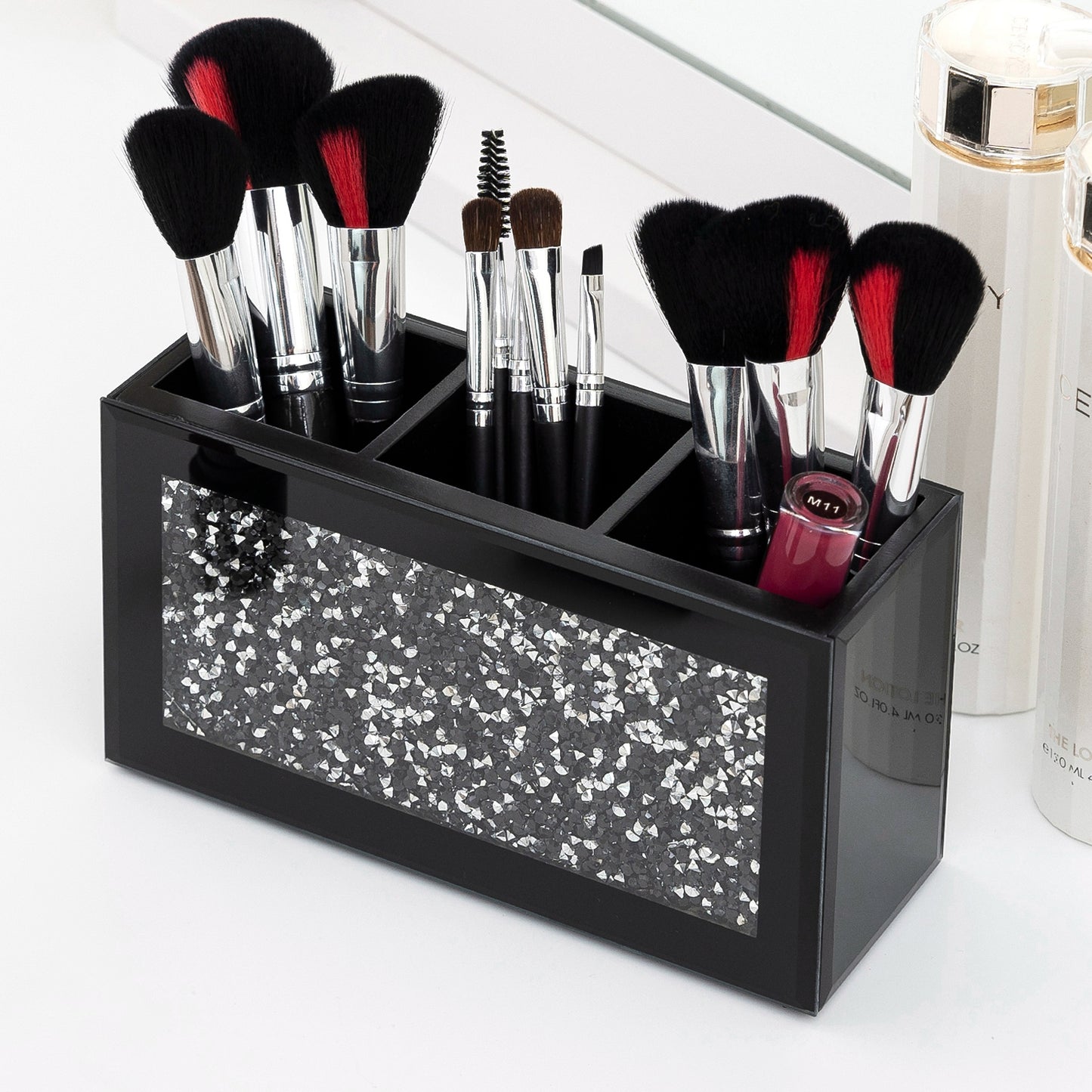 7" Black And Silver Glass Three Section Jewelry Organizer With Faux Crystals