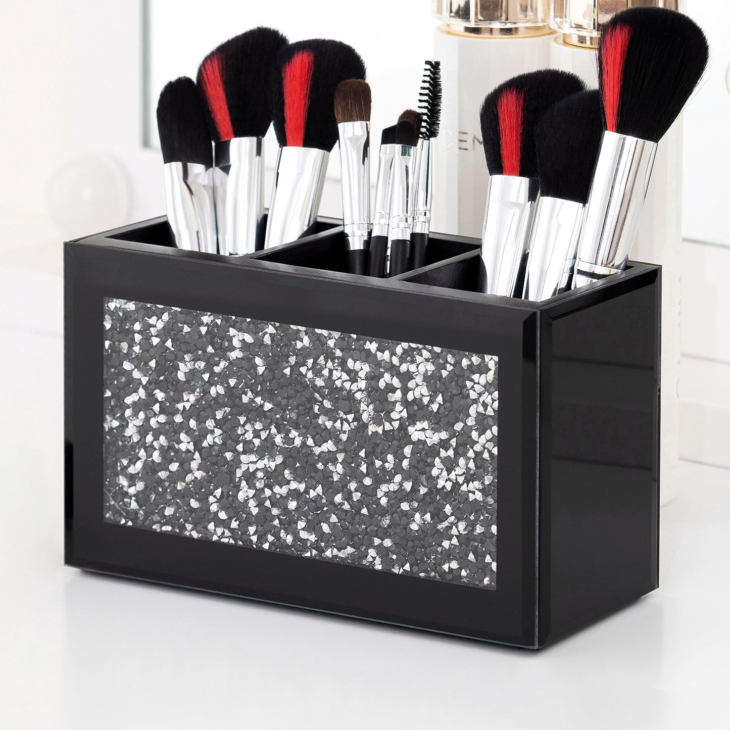 7" Black And Silver Glass Three Section Jewelry Organizer With Faux Crystals