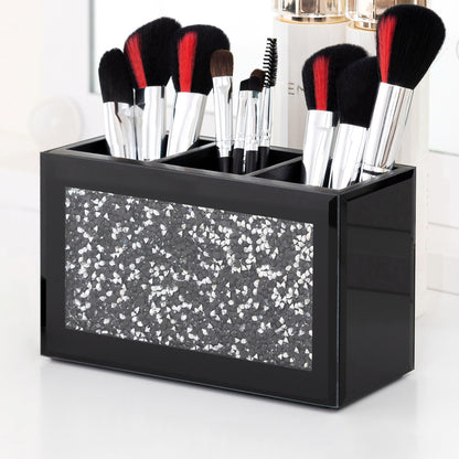 7" Black And Silver Glass Three Section Jewelry Organizer With Faux Crystals