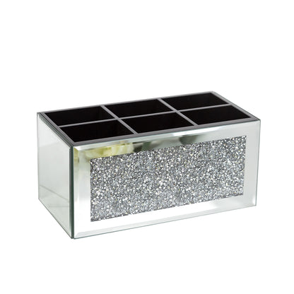 8" Silver Mirrored Glass Six Section Jewelry Organizer With Faux Crystals