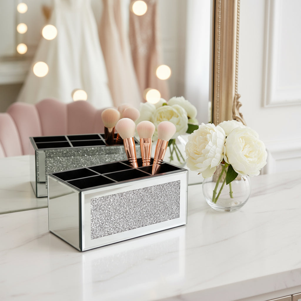 8" Silver Mirrored Glass Six Section Jewelry Organizer With Faux Crystals