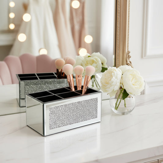 8" Silver Mirrored Glass Six Section Jewelry Organizer With Faux Crystals