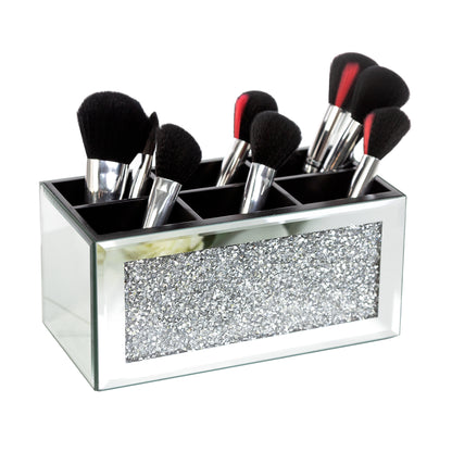 8" Silver Mirrored Glass Six Section Jewelry Organizer With Faux Crystals