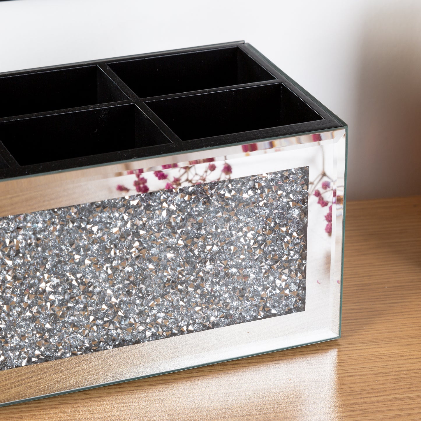 8" Silver Mirrored Glass Six Section Jewelry Organizer With Faux Crystals