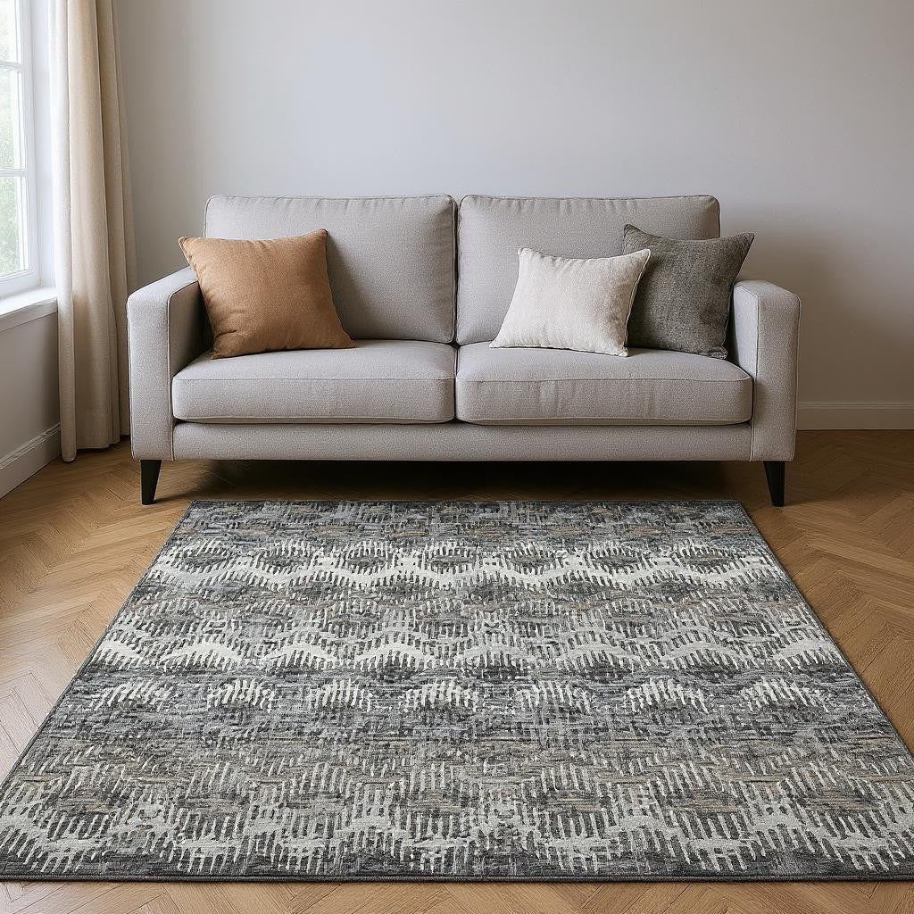 5' X 8' Graphite Ivory And Beige Abstract Washable Area Rug With UV Protection