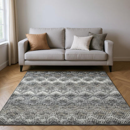 5' X 8' Graphite Ivory And Beige Abstract Washable Area Rug With UV Protection