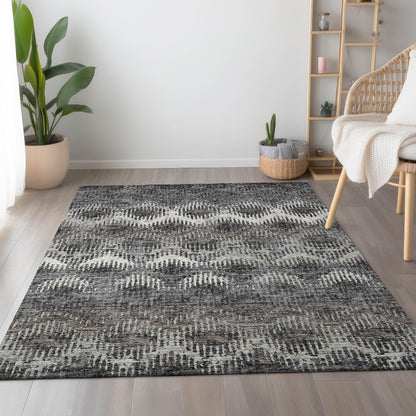 5' X 8' Graphite Ivory And Beige Abstract Washable Area Rug With UV Protection