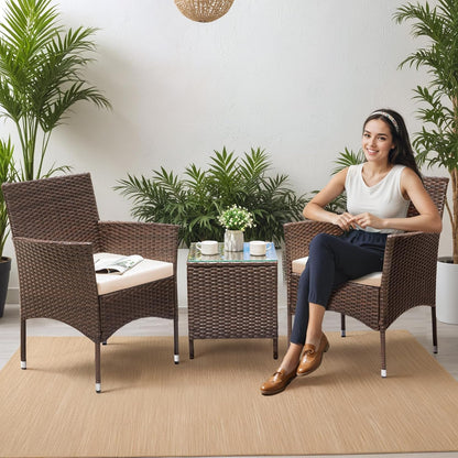 3 Pieces Patio Dining PE Rattan Wicker Chair Furniture Set with Cushion and Glass Coffee Table for Outdoor Garden Backyard Poolside, Brown and Beige-2