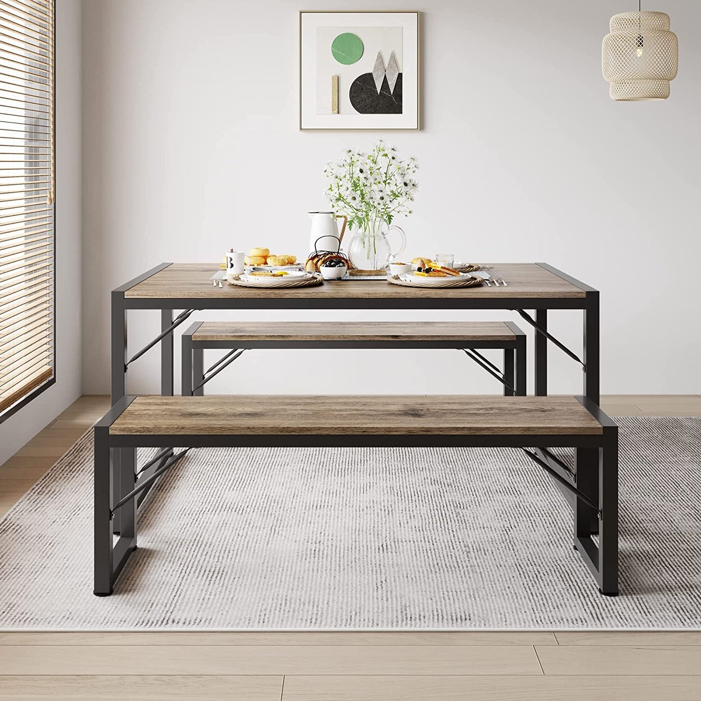 Dining Table Set for 4 with 2 Benches, Gray-2