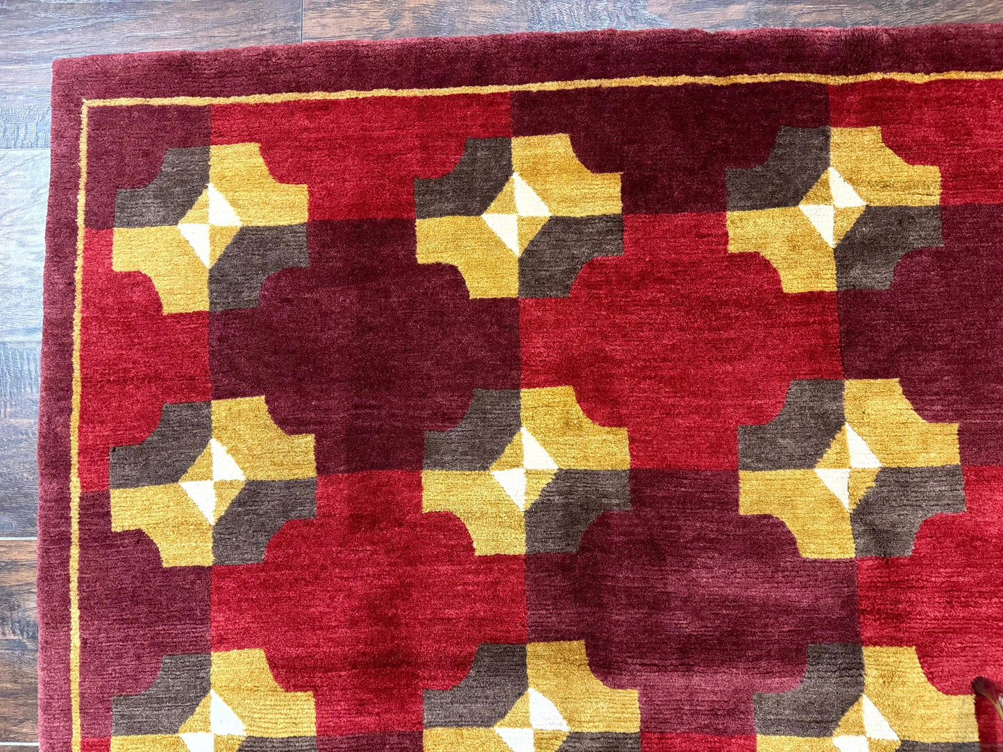 Modern Tibetan Rug 5 x 6.8, Wool, Red, Allover Pattern, Nepali Rug, Abstract Rug, Handmade Area Rug