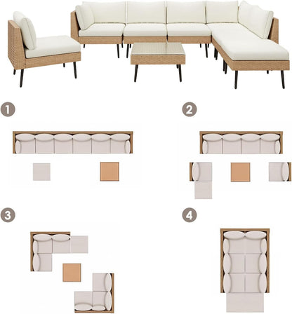 Outdoor Patio Sectional Furniture Set, 8 Piece Wicker Conversation Patio Furniture Wtih Extra Waterproof Cover and Thick Cushions for Garden, Backyard