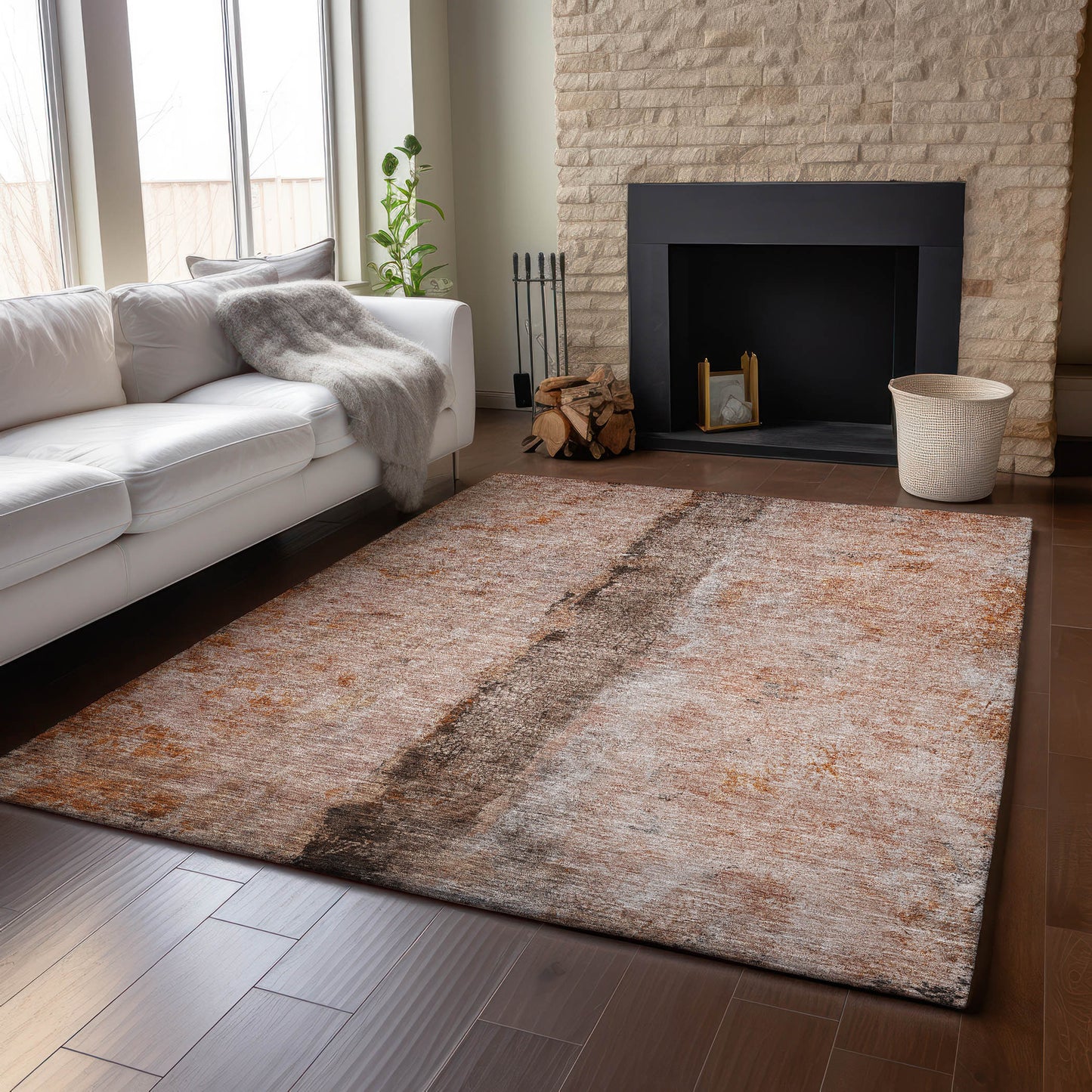 8' X 10' Chili Red Brown And Ivory Abstract Washable Area Rug With UV Protection