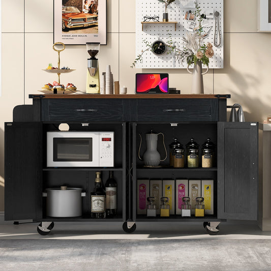 54" Black Wood Rolling Kitchen Island