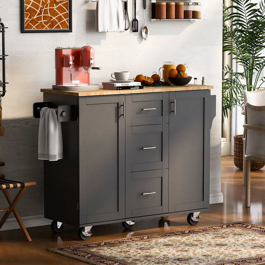 50" Black Wood Rolling Kitchen Island
