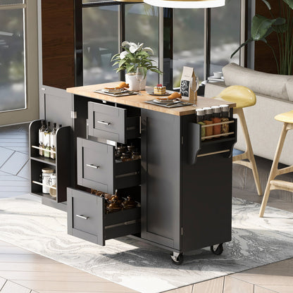 50" Black Wood Rolling Kitchen Island