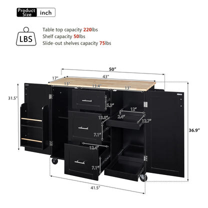 50" Black Wood Rolling Kitchen Island
