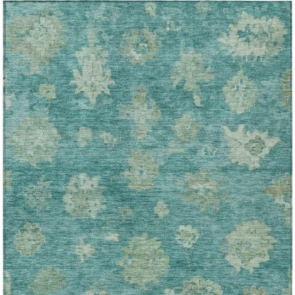 10' X 14' Teal Blue And Fern Green Floral Washable Indoor Outdoor Area Rug
