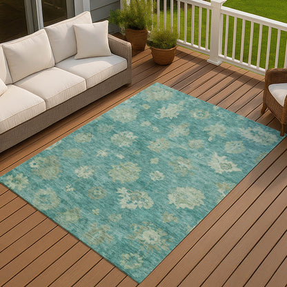 10' X 14' Teal Blue And Fern Green Floral Washable Indoor Outdoor Area Rug