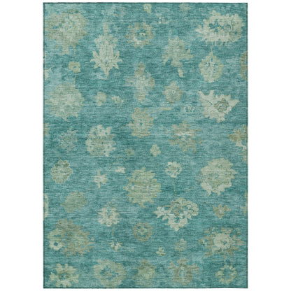 10' X 14' Teal Blue And Fern Green Floral Washable Indoor Outdoor Area Rug