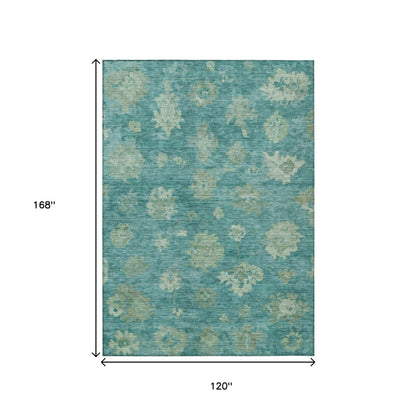 10' X 14' Teal Blue And Fern Green Floral Washable Indoor Outdoor Area Rug