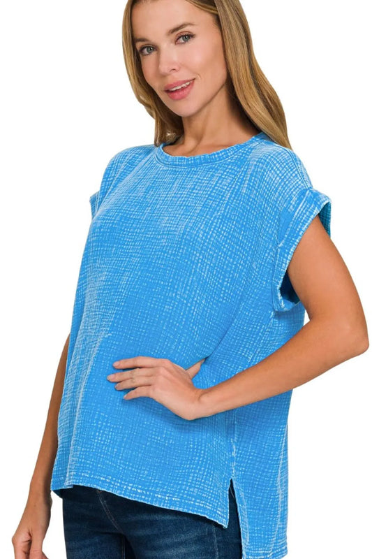 Zenana Woven Double Gauze Acid Washed Short Sleeve Top-0