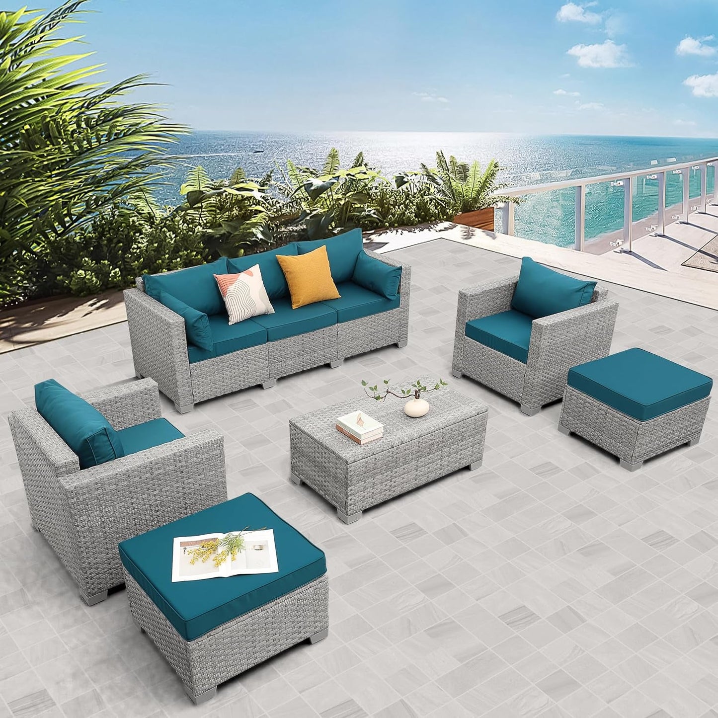 Patio Furniture Set 6 Piece Outdoor Patio Set Grey Wicker Balcony Furniture Conversation Sets PE Rattan Couch Sofa with Coffee Table, Peacock Blue Cushion-1