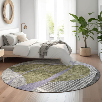 8' Olive Green Gray And Silver Abstract Geometric Washable Round Rug With UV Protection
