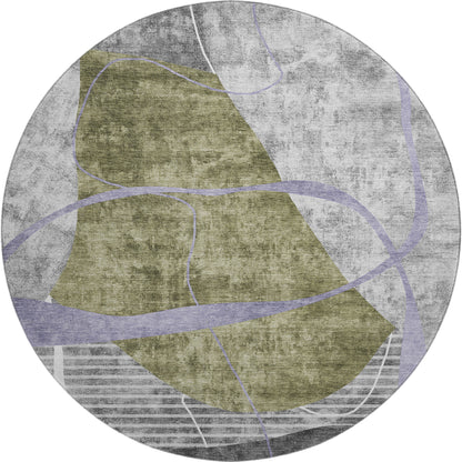 8' Olive Green Gray And Silver Abstract Geometric Washable Round Rug With UV Protection