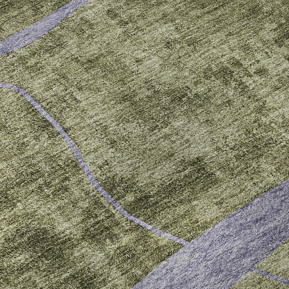 8' Olive Green Gray And Silver Abstract Geometric Washable Round Rug With UV Protection