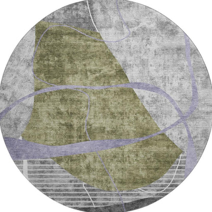 8' Olive Green Gray And Silver Abstract Geometric Washable Round Rug With UV Protection