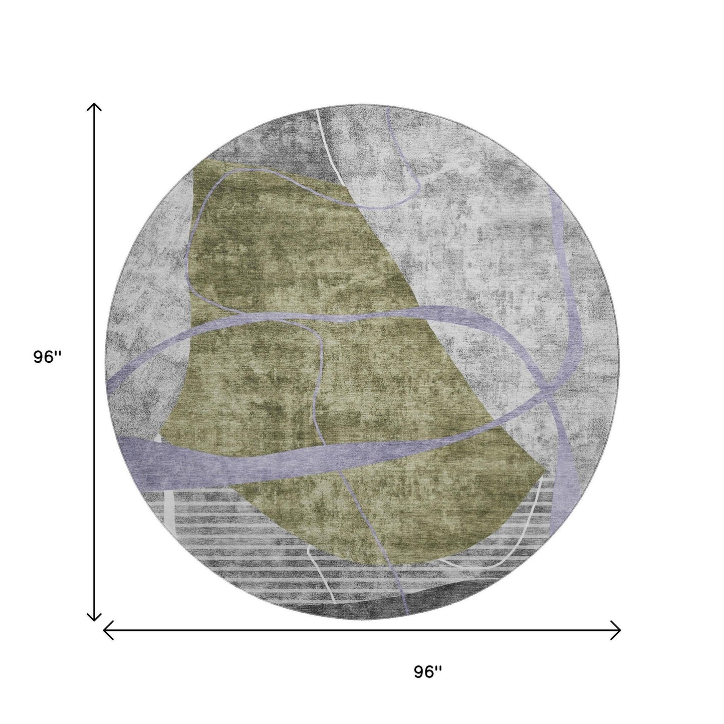 8' Olive Green Gray And Silver Abstract Geometric Washable Round Rug With UV Protection