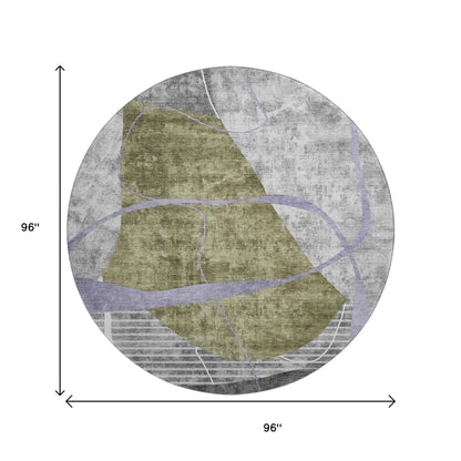 8' Olive Green Gray And Silver Abstract Geometric Washable Round Rug With UV Protection