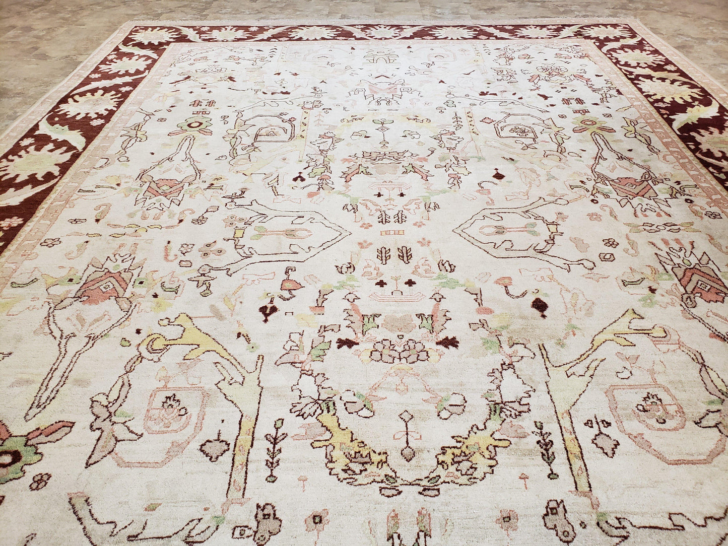 Beige and Maroon Peshawar Rug 10x15, Large Oushak Carpet, Pakistani Rug, Handmade Area Rug, Hand Knotted Rug, Living Room Rug, Nice Wool Rug