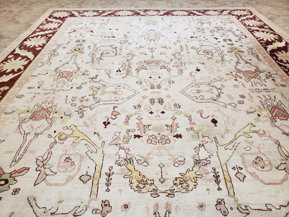 Beige and Maroon Peshawar Rug 10x15, Large Oushak Carpet, Pakistani Rug, Handmade Area Rug, Hand Knotted Rug, Living Room Rug, Nice Wool Rug