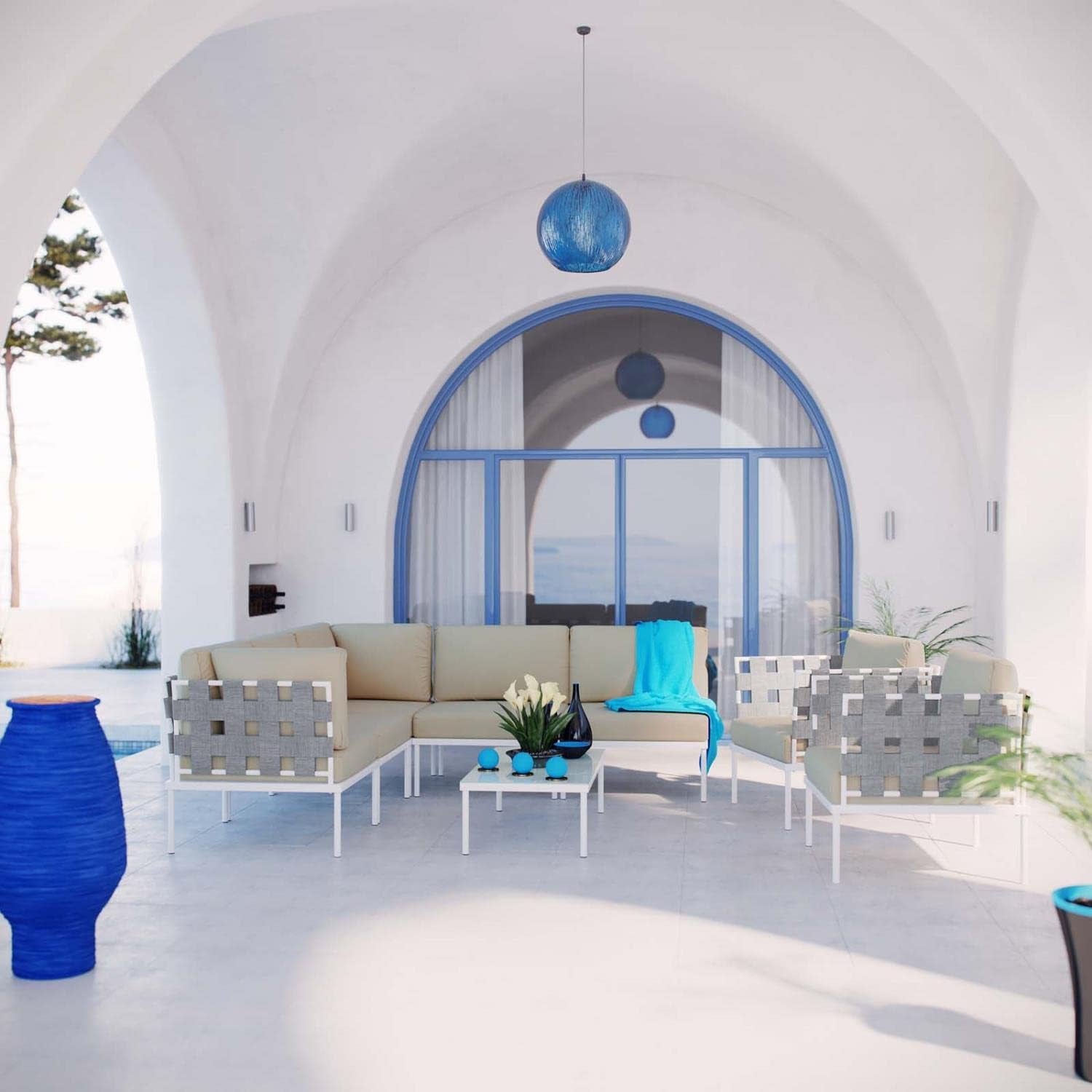 Harmony 8-Piece Aluminum Outdoor Patio Furniture Sectional Sofa Set with Cushions in White Beige-2