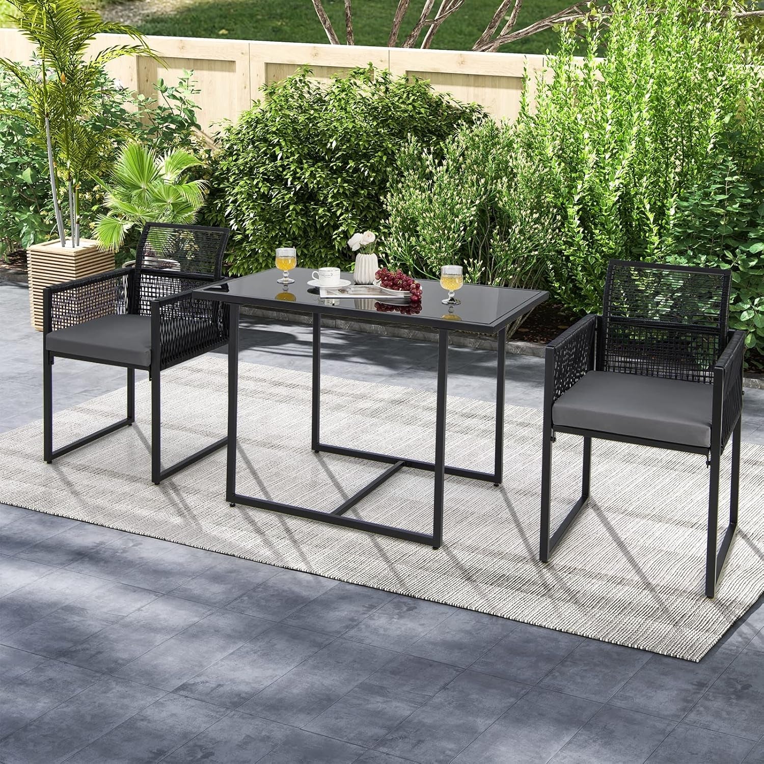 3 Pieces Outdoor Dining Set, Patio PE Rattan Furniture Set with Folding Backrest, Cozy Seat Cushions, Tempered Glass Tabletop, Space-Saving Rattan Chair Table Set for Backyard, Poolside-1